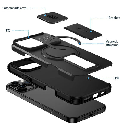 Lens Protect Camera Phone Case for iPhone 16 15 14 13 Pro Max 14Plus 15Plus 16Plus 16e 16 15 14 Pro 17 Magnetic Kickstand Cover